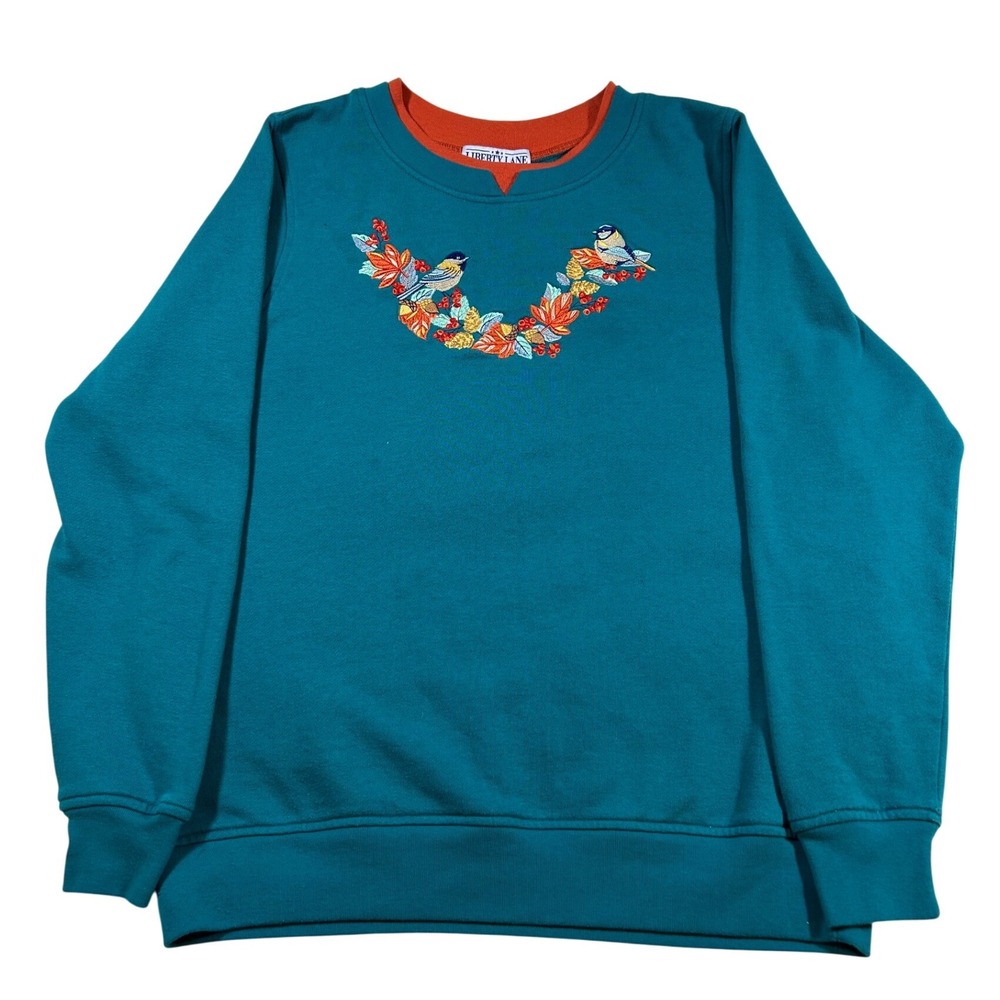 Vintage Liberty Lane Teal Blue Bird‎ Leaf Embroidered Sweatshirt Women's Small